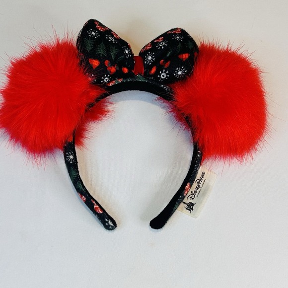 New Disney Parks Minnie Mouse Ear Pom Pom Christmas Sweater Bow Holiday Headband - Picture 1 of 7